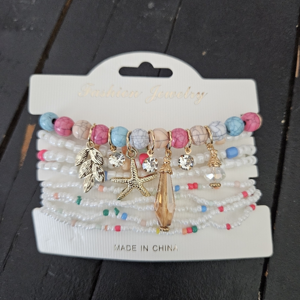 Colorful Beaded Charm Bracelet Set of 9 Beach Summer Jewelry Mix-n-Match